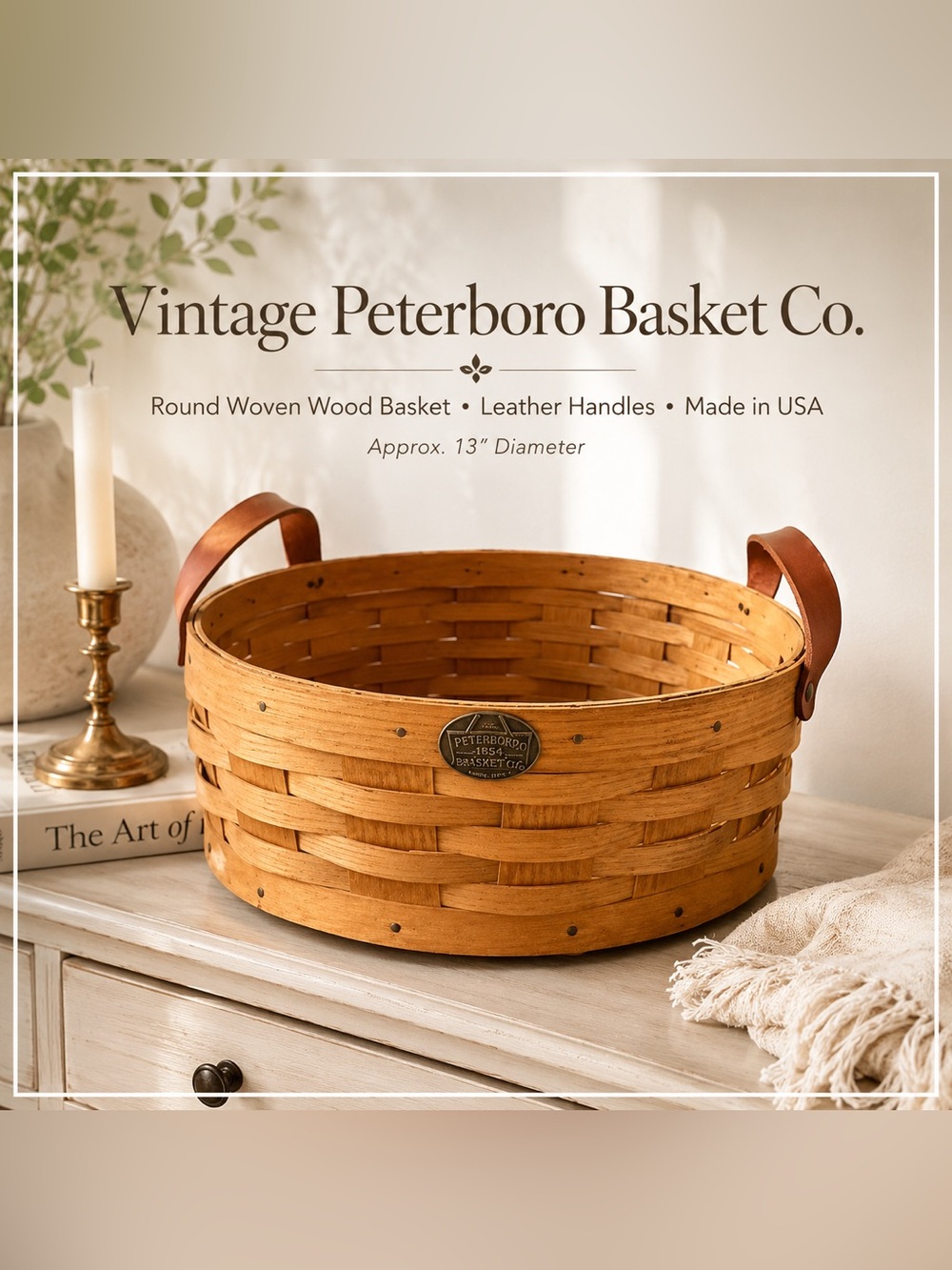 Vintage Peterboro Basket Co Round Woven Wood Basket Leather Handles USA